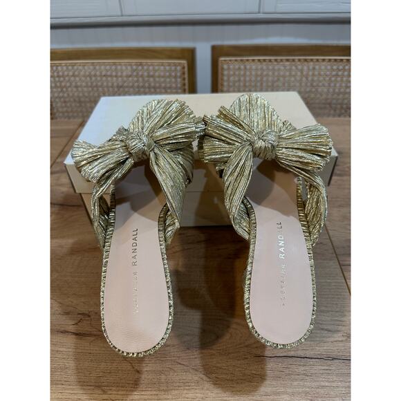 Loeffler Randall Penny Gold Pleated Bow Heel Size 6 NIB Glam Dressy Knotted Top - Picture 10 of 14